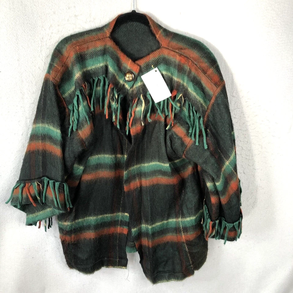 Chaqueta manta para mujer grande verde azul a cuadros flecos indios Southwestern Stadium Foto 1 de 4