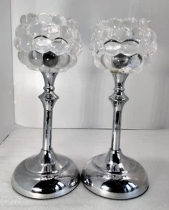 Pair Tall Silver Colour & Glass Pillar Candle Holder Design Candlesticks - Picture 1 of 17