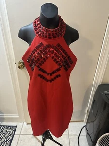 Women’s Red Mini Dress W/ Gemstones Ladies Cocktail Dress (L) - Picture 1 of 10