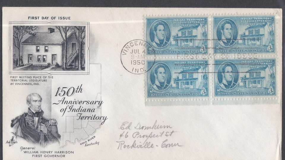 USA 1950 FIRST DAY COVER 150th ANNIV OF INDIANA TERRITORY BLOCK OF 4 + CACHET - Image 1 of 1