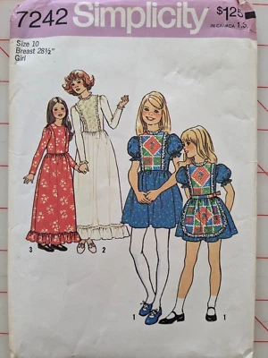 SIMPLICITY 7242 Vintage 1975 Girl's Size 10 DRESS in 2 LENGTHS + APRON -  CUT - Image 1 of 3