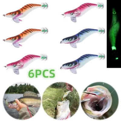 6PCS Luminous Squid Jigs Hook Saltwater Lures Shrimp Octopus Lure Laser Jig 3.5# - Image 1 of 4