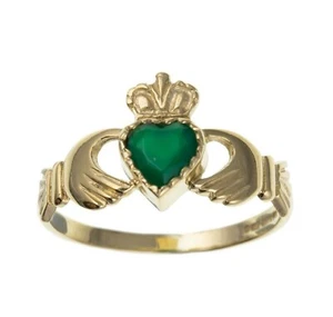 Ágata Verde Claddagh Anillo Sólido 9ct Oro Amarillo Contraste Británico Hecho - Imagen 1 de 4