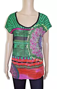 €49 DESIGUAL sz M WOMENS TUNIC BLOUSE TOP SHORT SLEEVES STRIPED FLORAL CHIFFON - Picture 1 of 7