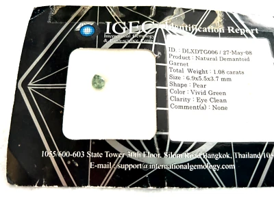 INUSUAL Granate Demantoide Piedras Preciosas Naturales Forma de Pera 1.08 quilates Informe IGEC Foto 1 de 4