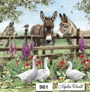 (961) DOS servilletas decoupage de papel individuales para almuerzo - BURROS GANSOS ROBIN PÁJARO - Imagen 1 de 2