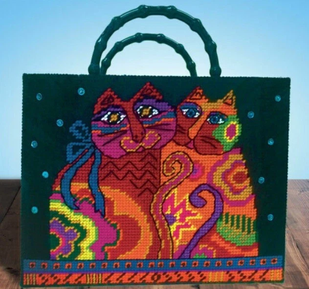 Vintage Laurel Burch Cat Tote Bag Plastic Canvas Kit 13.5x10.5x3.5 Design Works - Image 1 of 4