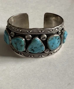Vintage Navajo Robert Kelly Sterling Silver Turquoise Cuff Bracelet - Picture 1 of 23