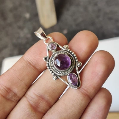 Natural Amethyst Gemstone Pendant 925 Sterling Silver Designer Pendant PG7830 - Image 1 of 4