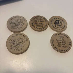 Lot of 5 Wooden Nickels Tokens Dodge City KS-Cape Girardeau-St Charles Missouri - Picture 1 of 6