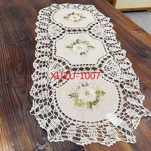 Vintage Hand Embroidered Crochet Table Runner Oval Dresser Scarf Doily 15"x33" - Picture 1 of 4