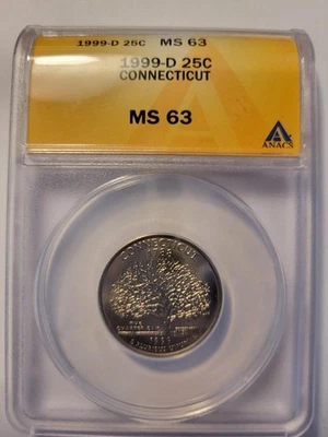 1999 D 25C STATE QUARTER CONNECTICUT  ANACS MS 63 - Image 1 of 4