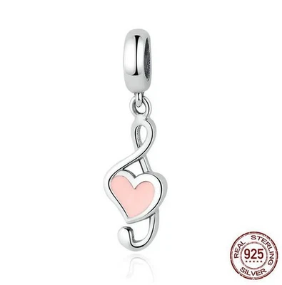 Charm Dangle 925 Silber rosa Herz Notenschlüssel Musik - Anhänger für Armband - Bild 1 von 2