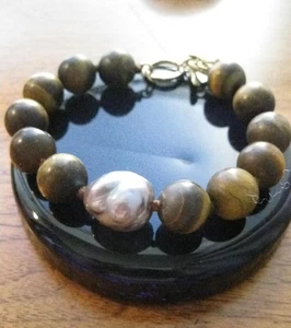 Chan Luu Bracelet Baroque Pearl Matte Tigers Eye Stones Gold Vermeil  New Unworn - Picture 1 of 14