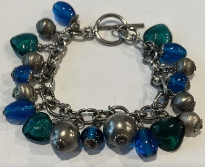 VTG Blue Glass Beads Pewter Silver tone Sparkle Charm Bracelet Coastal Sea Ocean - Image 1 of 4