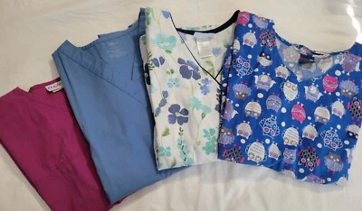 Scrub Tops XL Lot of 4 V Neck Tafford Peaches SB Scrubs Owls Poppy Flowers READ - Image 1 of 4