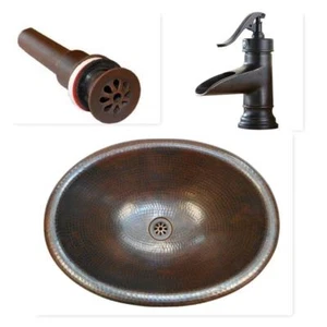 19" Oval Copper Drop In Bathroom Vanity Sink with Daisy Drain & 7" ORB Faucet - Picture 1 of 5