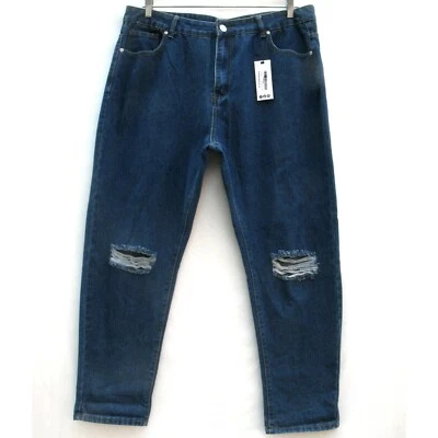 NEW BooHoo Blue Mom Jeans High Rise Tapered 38 x 29 Distressed Sz 16 (tag) - Image 1 of 4
