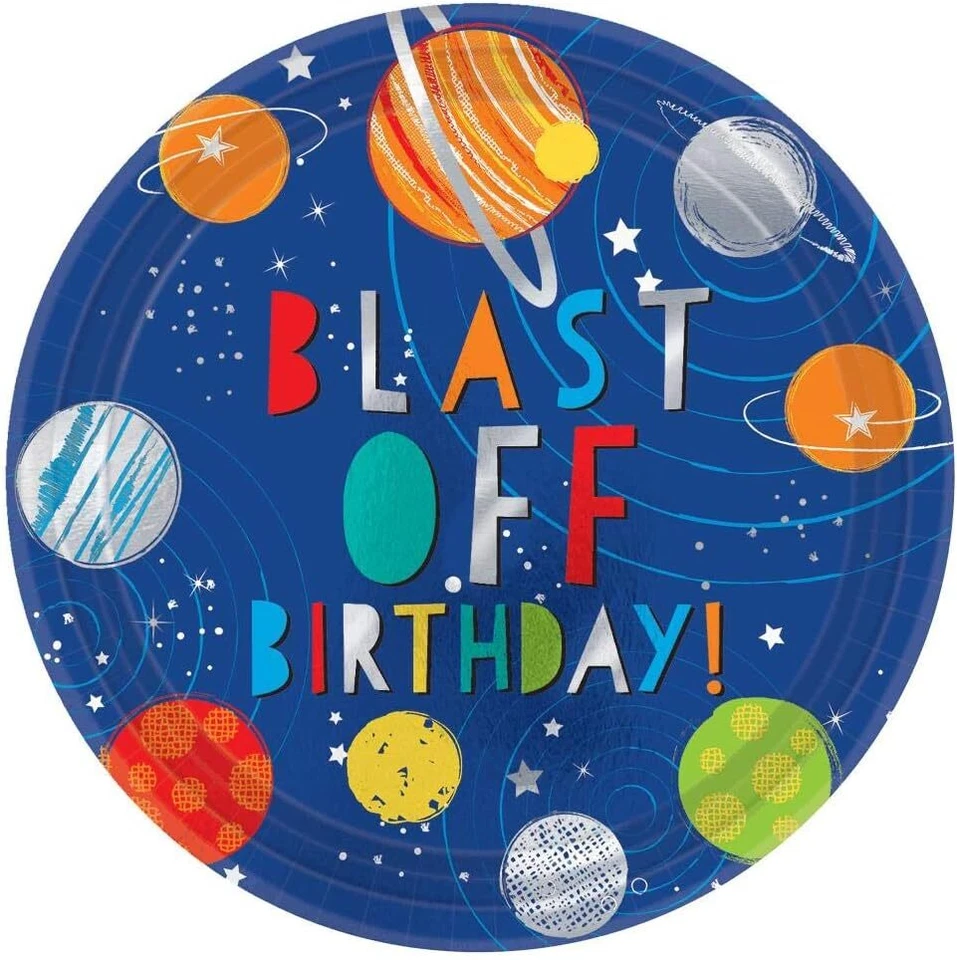 Platos de banquete de papel de 10,5" para fiesta de cumpleaños de niños con cohete espacial exterior explosivo Foto 1 de 1