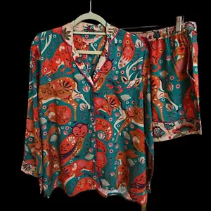 NWT Powder Designs Luxury Pajama set, Folk Art Friends design in Aqua, Medium - Picture 1 of 4