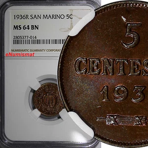 San Marino Bronze 1936 R 5 Centesimi NGC MS64 BN Mintage-400,000 KM# 12 (014) - Picture 1 of 4