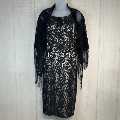 Nine West Womens Lace Midi Dress Fringe Wrap Sz 10 Sleeveless Pocket Black Gold - Image 1 of 4
