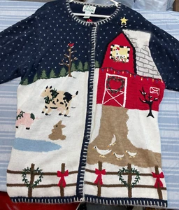 VGT Quacker Factory 2X Barn with Animals Christmas Sweater Cardigan Ducks Cow - Picture 1 of 6