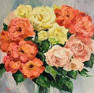 Original Oil Painting ROSES Bouquet Flowers Floral Art Signed 16x16 in - Picture 1 of 8
