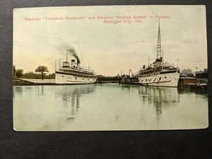 Steamers THEODORE ROOSEVELT & US Naval Cover 1914 Postcard Michigan City, IN - Picture 1 of 2
