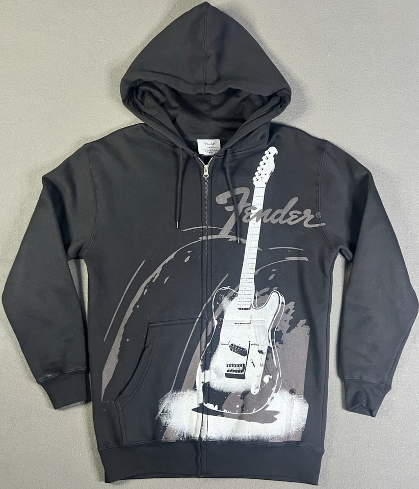 Vintage Fender Guitar Hoodie Y2K Full Zip Black Size S AOP Graphic Rock & Roll Foto 1 de 4