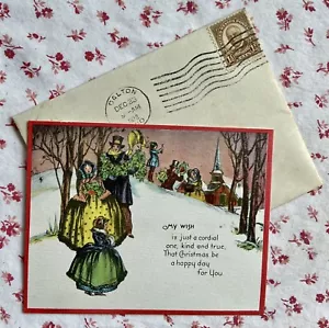 Tarjeta de felicitación vintage de la iglesia victoriana de Navidad de los años 30 caminando en la nieve - Imagen 1 de 7