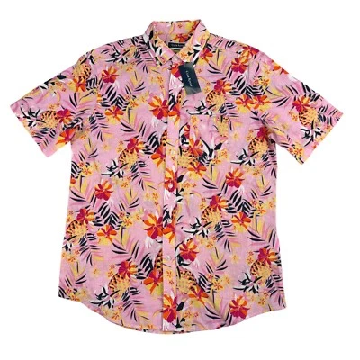 Camisa Club Room Para Hombres Mezcla de Lino Texturizada Tropical Floral Abotonada Rosa S Foto 1 de 4
