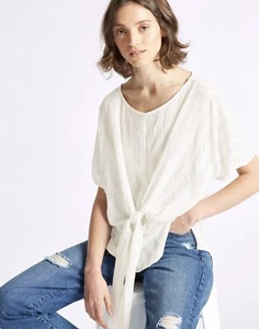 M&S Limited Soft White Texture Stripe Tie Front Blouse Size UK14 - New - Picture 1 of 13
