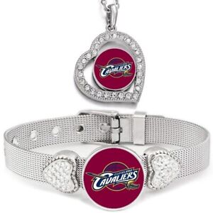 Cleveland Cavaliers 2PcSet Womens Sterling Silver Necklace With Bracelet