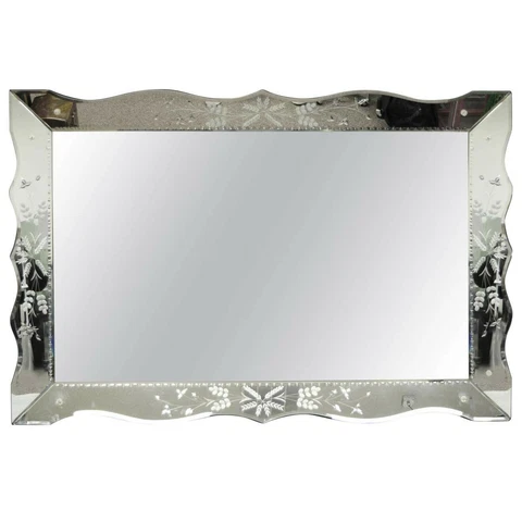 Large Vintage Scalloped Edge Venetian Style Art Deco Floral Etched Sofa Mirror Cover