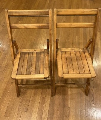 Vintage Set of 2 Wooden Folding Chairs Slatted Seat Rustic - Image 1 of 4