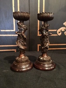 Pair Of Bronze Dragon Candle Sticks - Picture 1 of 5