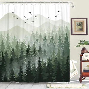 Accnicc Green Misty Forest Shower Curtain Set Ombre Sage Green White Waterproof - Picture 1 of 8