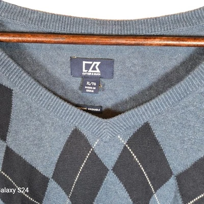 Cutter and Buck Mens XL TG Blue Argyle V Neck Long Sleeve Sweater - Image 1 of 4