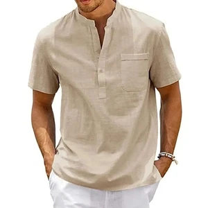 Cotton Linen Shirt Men Henley Neck Pocket Casual Beach Short Sleeve Solid Color - Picture 1 of 21