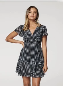 Forever New Dress Size 6 Kitty Petite Ruffle Skater Mini Dress Navy Blue V-Neck - Picture 1 of 12