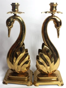 Pair of Vintage Brass Swan Candle Holders - Picture 1 of 8