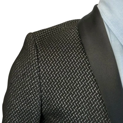 36R J. Ferrar Esmoquin Chaqueta Abrigo Negro Plata Satinado Chevron Cruz Escotilla Para Hombres Foto 1 de 4
