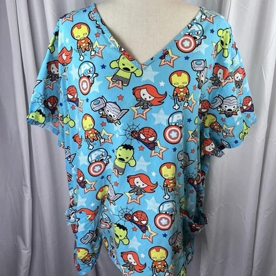 Marvel Baby Avengers Scrub Top Shirt Super Hero Nurse Tech Size 3x Blue Pockets - Image 1 of 4