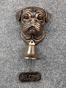 Pug Dog Welcome Door Bell Wall Mount Bronze Tone Porch Entry Outdoor Decor - Picture 1 of 11