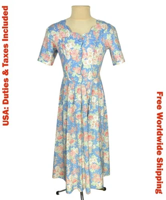 Vintage 1980s Laura Ashley Womens Blue Floral Cotton Cottage Dress Sz UK 12 | M - Image 1 of 4