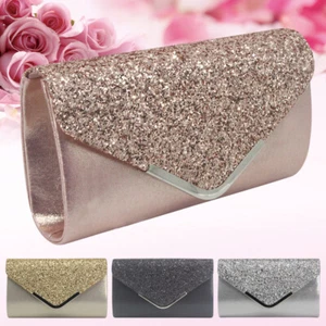Womens Glitter Shimmer Clutch Bags Wedding Party Prom With Chain Bridal Handbags - Picture 1 of 15