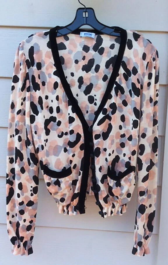 Moschino Sweater Cardigan Virgin Wool Cream Salmon Animal NWT 46 Italy Large - Image 1 of 1