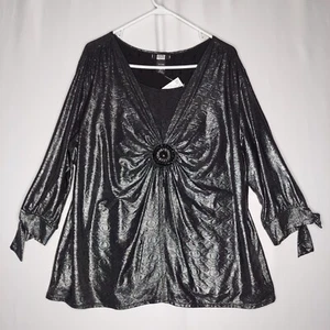 Studio 1940 Top Women 22/24 3X Black Metallic Gathered V-Neck Medallion Puff Tie - Picture 1 of 11