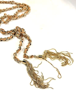 WHBM Gold Tone Pink Suede Woven Chain Double Tassel Knotted Necklace, NEW - Picture 1 of 12